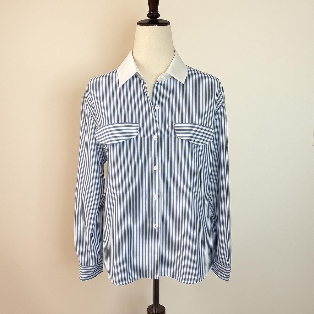 Vintage DVF Blue Stripe Contrast Collar Blouse M